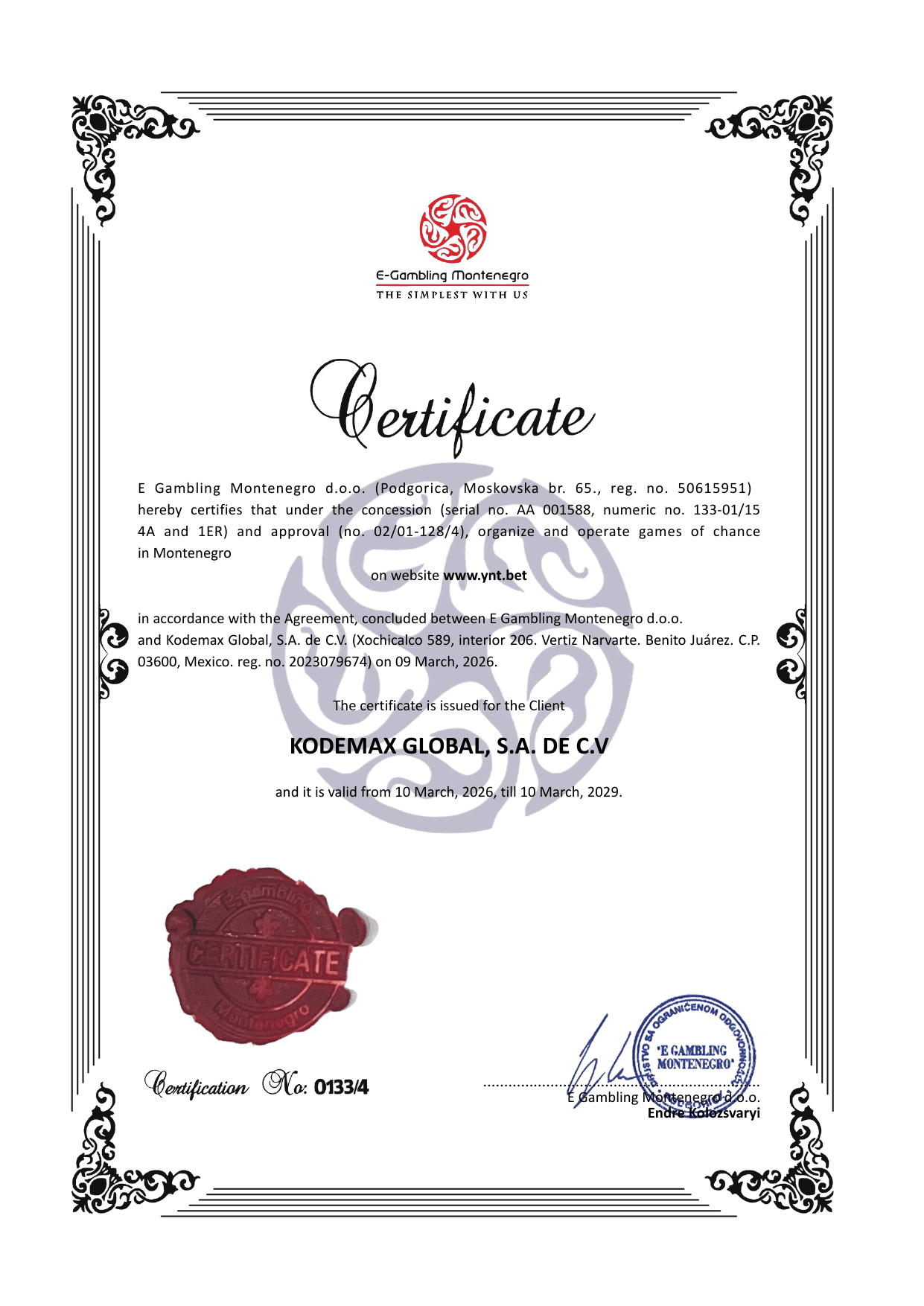 E Gambling Montenegro gaming license certificate for www.ynt.bet